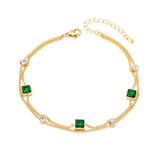 2 Layer Embedded Zircon Green Crystal Wedding Square Chain Anklet For Women Jewelry - Gemstone Gold