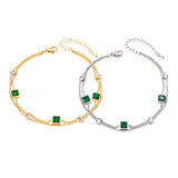 2 Layer Embedded Zircon Green Crystal Wedding Square Chain Anklet For Women Jewelry - Gemstone Gold