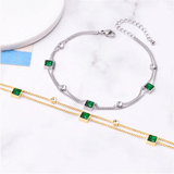 2 Layer Embedded Zircon Green Crystal Wedding Square Chain Anklet For Women Jewelry - Gemstone Gold