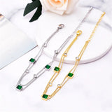 2 Layer Embedded Zircon Green Crystal Wedding Square Chain Anklet For Women Jewelry - Gemstone Gold