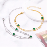 2 Layer Embedded Zircon Green Crystal Wedding Square Chain Anklet For Women Jewelry - Gemstone Gold