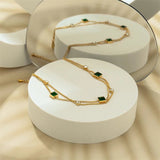 2 Layer Embedded Zircon Green Crystal Wedding Square Chain Anklet For Women Jewelry - Gemstone Gold