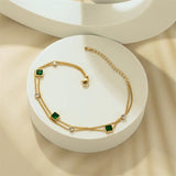 2 Layer Embedded Zircon Green Crystal Wedding Square Chain Anklet For Women Jewelry - Gemstone Gold