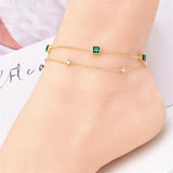 2 Layer Embedded Zircon Green Crystal Wedding Square Chain Anklet For Women Jewelry - Gemstone Gold