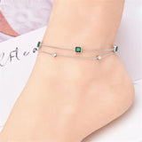 2 Layer Embedded Zircon Green Crystal Wedding Square Chain Anklet For Women Jewelry - Gemstone Gold