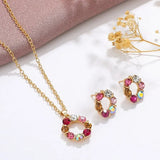 3pcs Circle Diamond Gold Necklace Earrings Set Ladies Celebrity Women Jewelry - Gemstone Gold
