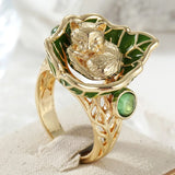 Vintage Inlaid Green Leaf Cat Ring Women's Gold Hand Carving Party Jewelry