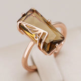 Natural Brown Zircon Ring for Women Big Square 585 Rose Gold Daily Jewelry