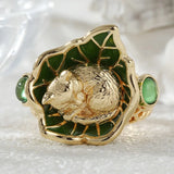 Vintage Inlaid Green Leaf Cat Ring Women's Gold Hand Carving Party Jewelry
