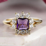 Inlaid Purple Alexanderite Women Gold Ring Party Accessories Wedding Lady Jewelry Gift