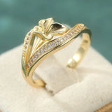 Inlaid White Sapphire Flowe Ring r Women's Gold Hand Carving Party Jewelry Gift