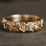 Hand Carving Flower Ring Women's Classic Gold Engagement Jewelry