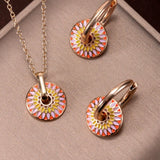 Drip Oil Round Flower Earrings Necklace Set for Women Luxury Jewelry Set