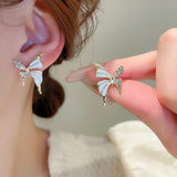 White Enamel Butterfly Stud Earrings for Women Oil Wings Golden Jewelry