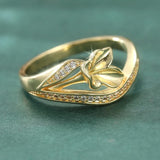 Inlaid White Sapphire Flowe Ring r Women's Gold Hand Carving Party Jewelry Gift