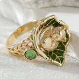 Vintage Inlaid Green Leaf Cat Ring Women's Gold Hand Carving Party Jewelry
