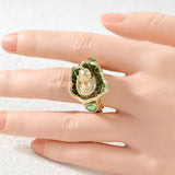 Vintage Inlaid Green Leaf Cat Ring Women's Gold Hand Carving Party Jewelry