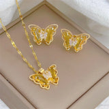 Classic Cute Butterfly Necklace Earrings Set Light Luxury Transparent Jewelry