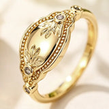 Vintage Carved Leaf Ring Pattern Inlaid Gold with White Zircon Women's  Jewelry Gift