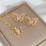Classic Cute Butterfly Necklace Earrings Set Light Luxury Transparent Jewelry
