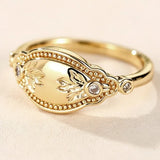 Vintage Carved Leaf Ring Pattern Inlaid Gold with White Zircon Women's  Jewelry Gift