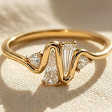 Wavy Multi-cut Zirconia Ring Gold Women's Engagement Lady Party Bridal Jewelry