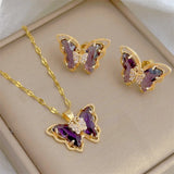 Classic Cute Butterfly Necklace Earrings Set Light Luxury Transparent Jewelry