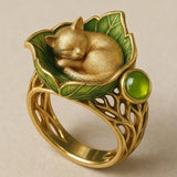 Vintage Inlaid Green Leaf Cat Ring Women's Gold Hand Carving Party Jewelry
