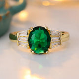 Big Oval Green Emerald Ring For Women Vintage Gold Engagement Band Bridal Jewelry - Gemstone Gold