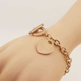 Rose gold charm heart bangle bracelet with rolo chain and toggle clasp for women wedding jewelry