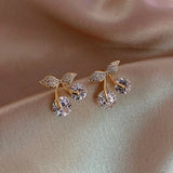 Cherry Delicate Stud Earrings For Women Cute Zircon Rhinestone Bow Bowknot Jewelry - Gemstone Gold