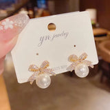 Cherry Delicate Stud Earrings For Women Cute Zircon Rhinestone Bow Bowknot Jewelry - Gemstone Gold