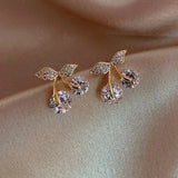 Cherry Delicate Stud Earrings For Women Cute Zircon Rhinestone Bow Bowknot Jewelry - Gemstone Gold