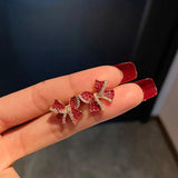 Cherry Delicate Stud Earrings For Women Cute Zircon Rhinestone Bow Bowknot Jewelry - Gemstone Gold