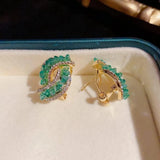 Curved Green Sparkling Earrings Women Wedding Party Jewelry - Gemstone Gold