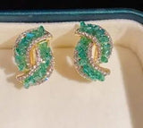 Curved Green Sparkling Earrings Women Wedding Party Jewelry - Gemstone Gold
