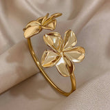 Double Flower Cuff Bracelet Bangle for Women Gold Floral Party Jewelry - Gemstone Gold