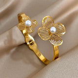 Double Flower Cuff Bracelet Bangle for Women Gold Floral Party Jewelry - Gemstone Gold