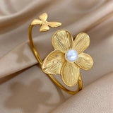 Double Flower Cuff Bracelet Bangle for Women Gold Floral Party Jewelry - Gemstone Gold