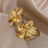 Double Flower Cuff Bracelet Bangle for Women Gold Floral Party Jewelry - Gemstone Gold