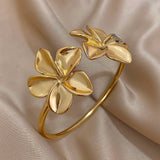 Double Flower Cuff Bracelet Bangle for Women Gold Floral Party Jewelry - Gemstone Gold