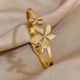 Double Flower Cuff Bracelet Bangle for Women Gold Floral Party Jewelry - Gemstone Gold