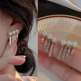 Double Pearl Long Tassel Drop Earring Women Wedding Jewelry - Gemstone Gold