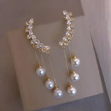 Double Pearl Long Tassel Drop Earring Women Wedding Jewelry - Gemstone Gold