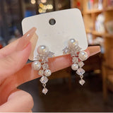 Double Pearl Long Tassel Drop Earring Women Wedding Jewelry - Gemstone Gold