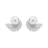 Feather wrapped up Pearl Stud Earrings for Women Bride Wedding Jewelry - Gemstone Gold