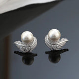 Feather wrapped up Pearl Stud Earrings for Women Bride Wedding Jewelry - Gemstone Gold