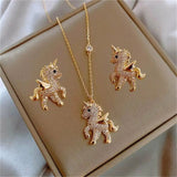 Flying Horse Wings Jewelry Set Earrings Necklace for Women Girls Cute Animal - Gemstone Gold