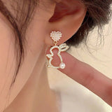 Hollow Animal Rabbit Drop Earrings for Women Pearl Heart Party Jewelry - Gemstone Gold