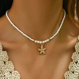 Natural Seashell Beaded Necklace Shell Pendant Ocean Jewelry Choker Suitable For Women - Gemstone Gold